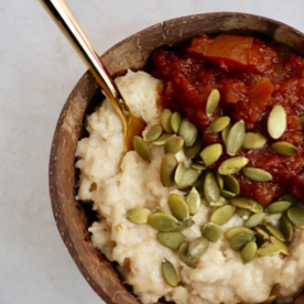 bowl of healthy food with coconut meat and seeds